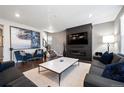 Bright living room featuring hard wood floors, a fireplace, and a modern decor at 10597 Casper St, Parker, CO 80134