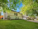Side view of home with lush green lawn and tasteful landscaping at 1517 S Elkhart St, Aurora, CO 80012