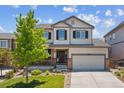 Inviting two-story home with manicured lawn, dark shutters, and a two car garage at 13822 Worthington Pl, Parker, CO 80134