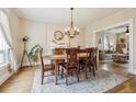 Sunlit dining room featuring a fireplace, wood floors, and a stylish chandelier at 263 N Logan St, Denver, CO 80203