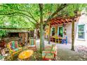 Secluded backyard showcasing mature trees, colorful seating, and outdoor dining area with covered patio at 807 9Th St, Golden, CO 80401