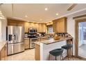 Well-equipped kitchen featuring stainless steel appliances, light wood cabinets, and a breakfast bar with seating at 367 Jupiter Dr, Lone Tree, CO 80124