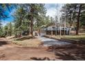 Exterior view of a multi-level home surrounded by tall pine trees and a long driveway at 5382 S Pine Rd, Evergreen, CO 80439