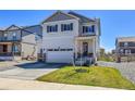 Two-story house featuring a two-car garage and a well-maintained lawn at 45840 Laceleaf Dr, Bennett, CO 80102