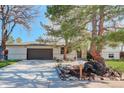 Inviting home exterior features a two-car garage, a well-manicured lawn, and mature trees at 6071 S Ingalls St, Littleton, CO 80123
