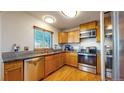 Kitchen with stainless steel appliances and wood cabinets at 56805 E 33Rd Pl, Strasburg, CO 80136