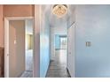 Hallway with blue walls, wood-look flooring, and a view into the living area at 350 S Clinton St # 8C, Denver, CO 80247