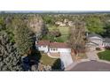 An aerial view shows a home nestled among mature trees, with a large backyard and a playground in the distance at 4374 E Peakview Cir, Centennial, CO 80121