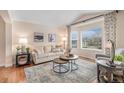Cozy living room featuring natural light, neutral decor, and hardwood floors with a large area rug at 9705 Westbury Cir, Highlands Ranch, CO 80129