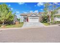 Two-story home featuring blue siding, mature trees and a two car garage at 12388 Jasmine St, Brighton, CO 80602
