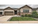 Inviting home with a landscaped lawn, stone accents, and a two-car garage, perfect for suburban living at 7442 Greenwater Cir, Castle Rock, CO 80108
