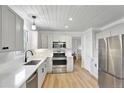 Bright kitchen with white cabinets, stainless steel appliances, and modern fixtures at 6707 S Elizabeth St, Centennial, CO 80122