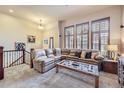 Comfortable living room with neutral carpet and large windows with wooden shutters at 529 Gallegos Cir, Erie, CO 80516