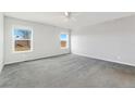 This bedroom features neutral paint, carpet floors and two windows with views at 449 Dunmire St, Frederick, CO 80530