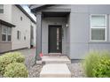 A welcoming entrance of the house features a dark door and neatly maintained landscaping at 16203 E 47Th Pl, Denver, CO 80239