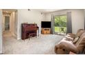 Bright living room featuring plush carpeting, a piano, and sliding glass doors to the backyard at 309 E Highline Cir # 104, Centennial, CO 80122