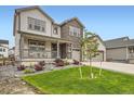 Beautifully landscaped front yard with a young tree and attractive shrubbery surrounding a well-maintained lawn at 1403 Hart Ln, Elizabeth, CO 80107