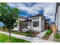 A modern house with well-manicured landscaping, concrete walkway, and vibrant greenery, under a bright sky at 6366 N Emporia St, Denver, CO 80238
