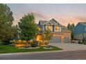 Attractive home with a two-car garage, well-manicured lawn, and landscaped garden beds with river rock and ornamental grasses at 320 Crossing Cir, Castle Pines, CO 80108