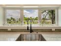 A kitchen sink and faucet sit below a picturesque window showcasing a farm view at 15545 Lipan St, Broomfield, CO 80023