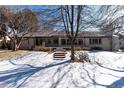 Exterior rear view with a patio, steps to the yard, and snow-covered ground beneath barren trees at 3975 S Cherry St, Cherry Hills Village, CO 80113