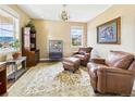 Comfortable living room featuring leather seating, a decorative rug, and ample natural light at 784 Sweet Pine Ct, Monument, CO 80132
