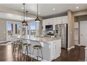 Open kitchen layout featuring a large island, stainless steel appliances, and a view to the backyard at 2794 Lima St, Denver, CO 80238
