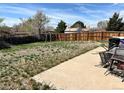 Spacious backyard with a concrete patio and a wooden fence at 14832 Elmendorf Pl, Denver, CO 80239