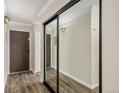 Inviting hallway features wood floors, modern lighting, and mirrored closet at 3460 S Poplar St # 404, Denver, CO 80224