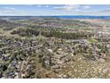Expansive aerial view showcasing a suburban neighborhood with mountain views and lush green spaces and trees at 53 Taylor Ct, Castle Rock, CO 80104