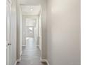 Bright hallway with sleek gray wood floors, leading to sunlit rooms, showcasing modern design elements at 18029 Dandy Brush Ln, Parker, CO 80134