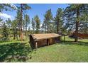 A weathered wooden shed with a covered area, set on a lush green lawn surrounded by mature trees at 29827 Gigi Rd, Evergreen, CO 80439