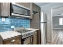 Cozy kitchen equipped with stainless steel appliances, blue backsplash, and ample counter space at 361 N Raleigh St, Denver, CO 80219