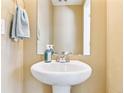 Charming powder room features a pedestal sink with modern fixtures and a neutral color palette at 20017 E 48Th Pl, Denver, CO 80249