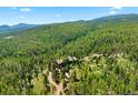 Expansive aerial view of log home nestled in a dense forest, showcasing its serene and private setting at 8699 Blue Creek Rd, Evergreen, CO 80439