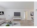 Open-concept living room with light-colored floors, white walls, and modern entertainment center at 7185 S Gaylord St # G13, Littleton, CO 80122