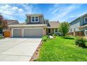 Attractive two-story home with a two-car garage, set against a blue sky and green lawn at 20530 Parker Vista Cir, Parker, CO 80138