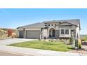 Beautifully landscaped home featuring stone accents, arched entryway, three-car garage, and well-maintained lawn at 15773 Timber Trek Way, Monument, CO 80132