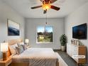 Bright, staged bedroom with large windows and contemporary decor at 7292 Firethorn, Littleton, CO 80125