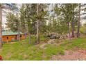 Shingled cabin surrounded by tall pine trees and natural vegetation and boulders at 184 Signal Rock Rd, Golden, CO 80403