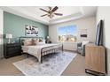 Serene main bedroom featuring a tray ceiling, large window, and designer accents at 10565 Wildhurst Cir, Highlands Ranch, CO 80126