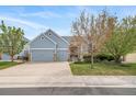 Inviting home featuring a well-manicured lawn, mature trees, and a spacious two-car garage for convenience at 12136 Desert Hills St, Parker, CO 80138