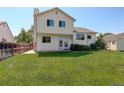 Spacious backyard with green lawn, privacy fence, patio access from the house and storage shed at 12143 Dahlia Dr, Thornton, CO 80241