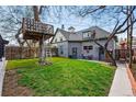 Spacious backyard featuring a unique treehouse, lush green lawn, and a private outdoor seating area at 553 S Sherman St, Denver, CO 80209