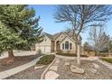 Beautiful landscaped yard with walkway leading to the front door of the home at 3174 Soaring Eagle Ln, Castle Rock, CO 80109
