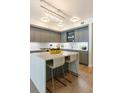 Modern kitchen featuring gray cabinets, white countertops, a large island, and stylish pendant lighting at 1750 Wewatta St # 809, Denver, CO 80202