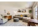 Comfortable living room features plush seating, patterned rug, and decor shelves with plants at 9929 W Fairview Ave, Littleton, CO 80127
