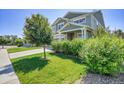 Expansive front yard showcasing lush green grass and mature landscaping, complementing the home's exterior at 428 Starline Ave, Lafayette, CO 80026