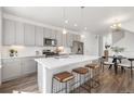 Bright kitchen featuring gray cabinets, quartz countertops, pendant lighting, and stainless steel appliances at 2140 Santini Trl # F, Littleton, CO 80129