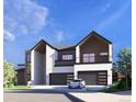 Elegant residence boasts modern architecture, a spacious driveway, a two-car garage, and a private balcony at 1055 Greens Pl, Erie, CO 80516